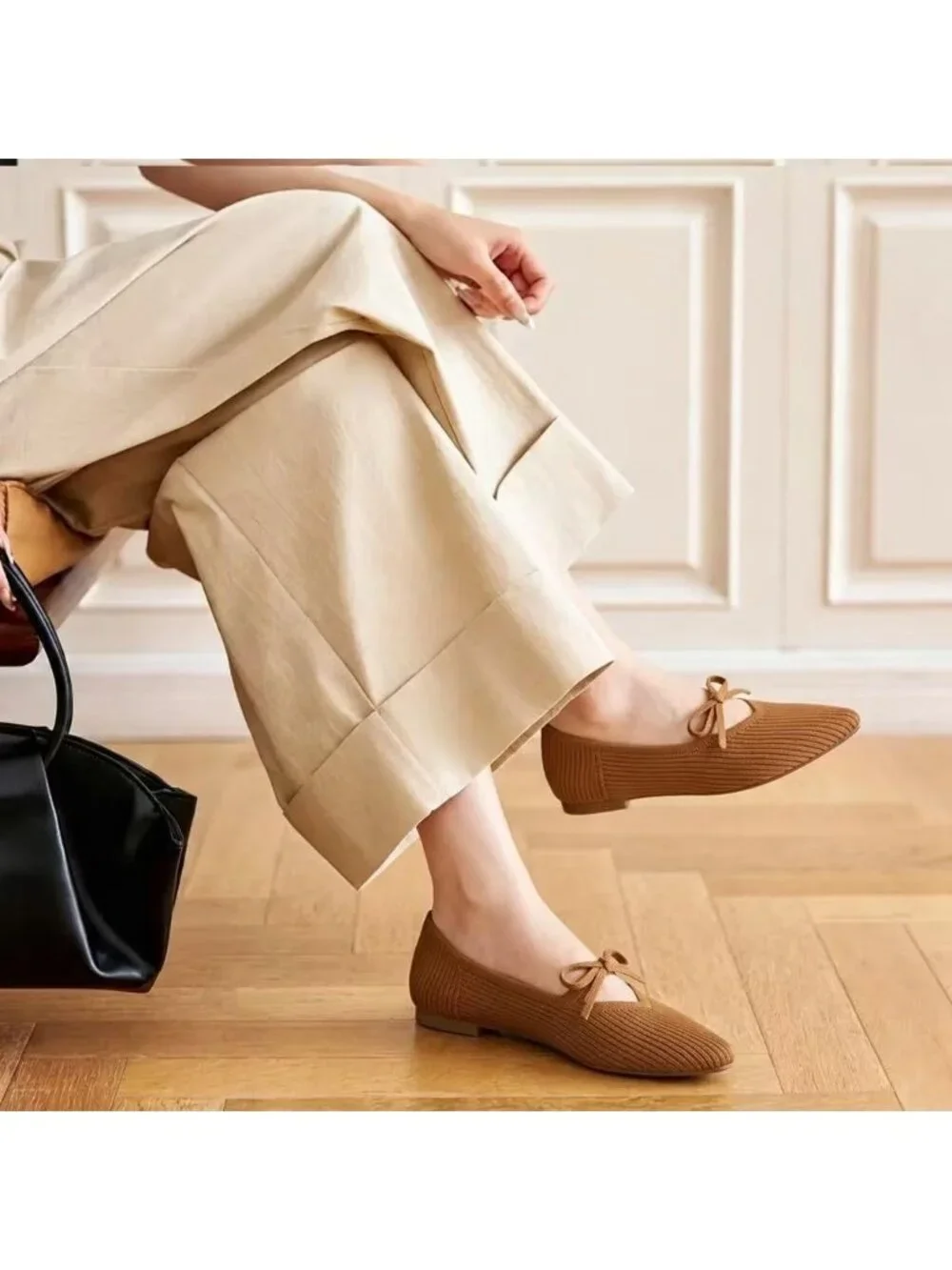 Women's Brown Pointed Toe Knit Ballet Flats Comfortable Pull On Casual Shoes